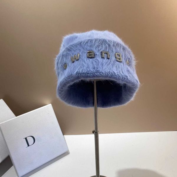 

designer a wang luxury wang king long rabbit hair knitted hat korean version warm soft glutinous plush winter cold outdoor ear protection pi, Blue;gray
