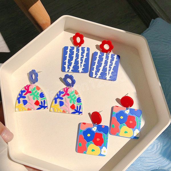 

fashion unique boho geometric sweet drop earrings women cute flower acrylic painting oil printing jewelry gift, Silver