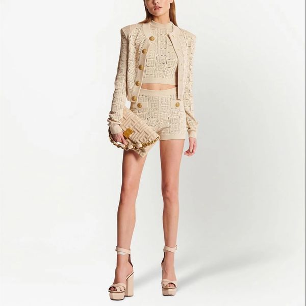 

three pieces set european fashion brand summer long sleeved knitwear, knitted vest, knitted shorts, White
