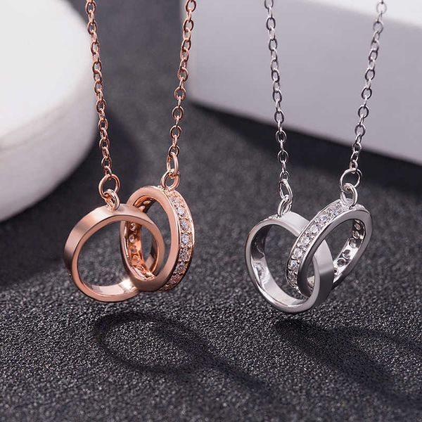 

high-quality s925 sterling silver double ring chain necklace circle slightly set with diamonds fashion c card clavicle pendant rose gold pla, Black