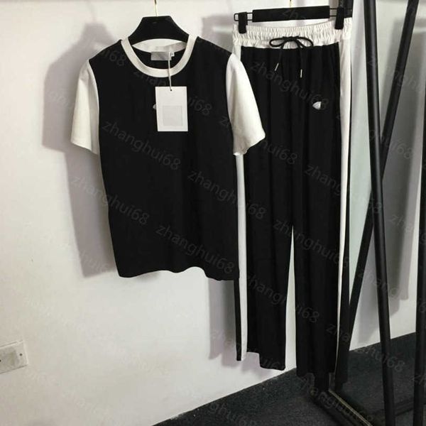 

23ss casual suit women pants sets womens designer clothing logo embroidery color combination short-sleeved t-shirt elastic waist wide leg pa, White