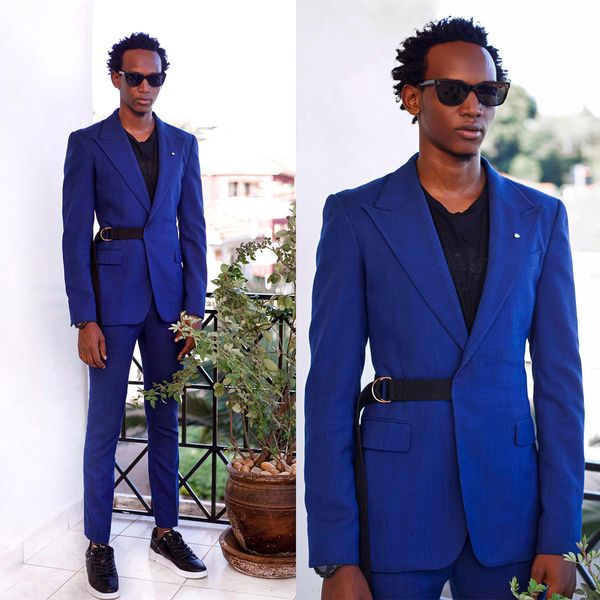

luxury navy blue men wedding tuxedos slim fit suits peaked lapel 2 pieces blazer pants formal costume homme, Black;gray