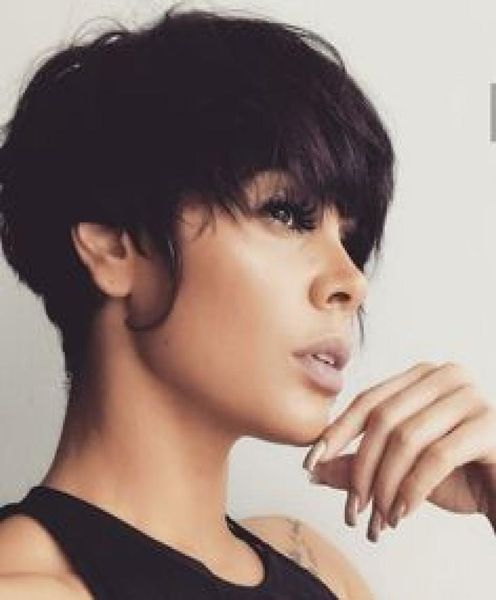 

full machine made non lace front short human hair wigs 100 human hair wigs cut pixie fashion style hairstyle for black wome7125043, Black;brown