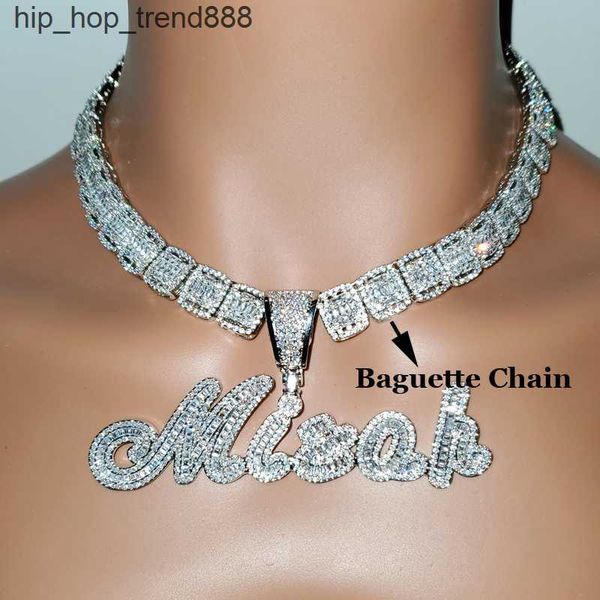 

custom brush cursive iced out letter pendant name necklace baguettes chain micro paved cz personalized hiphop jewelry, Silver
