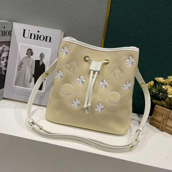 

new beach navigation series cotton embroidered pattern women's shoulder bag water bucket bag famous drawstring handbag crossbody bag 22