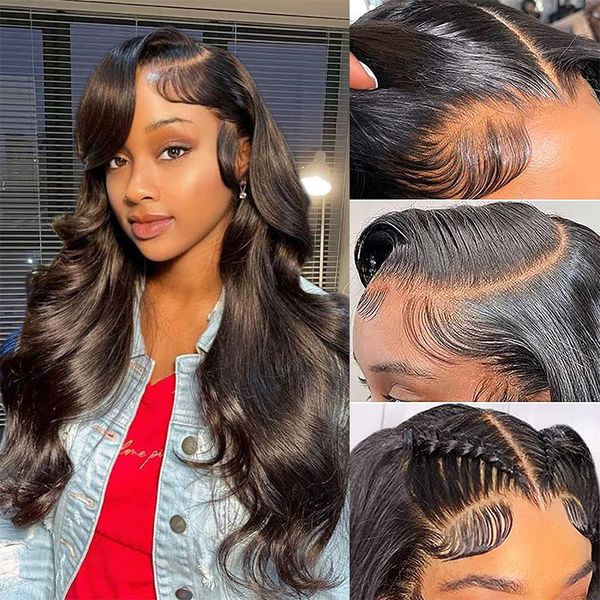 

13x6 lace front human hair wigs for women body wave 13x4 lace frontal human glueless wig, Black;brown