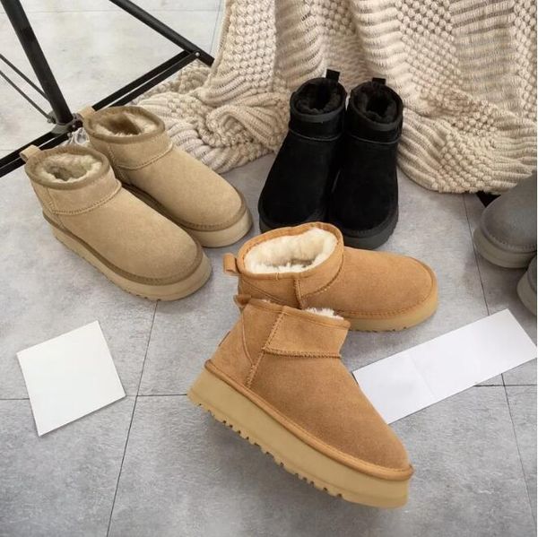 

ultra mini platform boot designer woman winter ankle australia snow boots thick bottom real leather warm fluffy booties with fur size 35-44, Black
