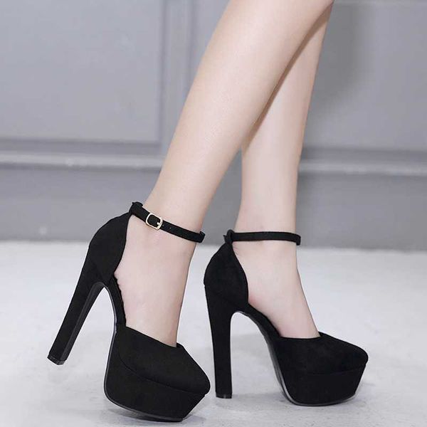 

lady sandals black high heel waterproof platform 14cm straight women's shoes shallow hollow ultra