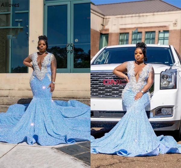 

sky blue sparkly sequined prom dresses for african girls plunging v neck lace beaded women special occasion evening gowns plus size mermaid, Black