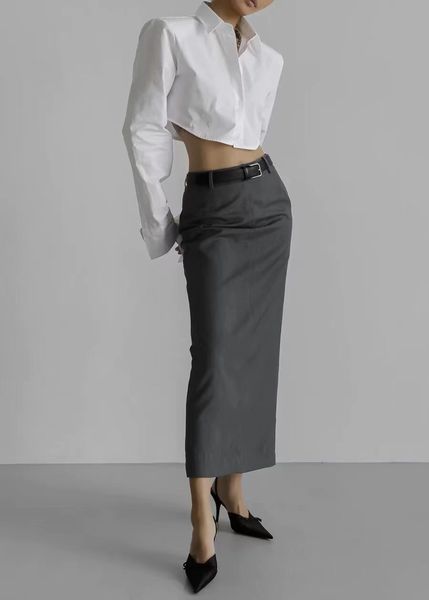 

spring 2023 new t * r0w half skirt slim fit professional wrap hip back split mid length skirt wool suit skirt for women, Black;gray