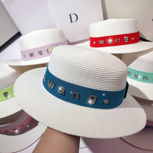 

designer a wang luxury new east gate diamond letter hat net red versatile multicolor candy color wide brim sunshade girl super high quality, Blue;gray