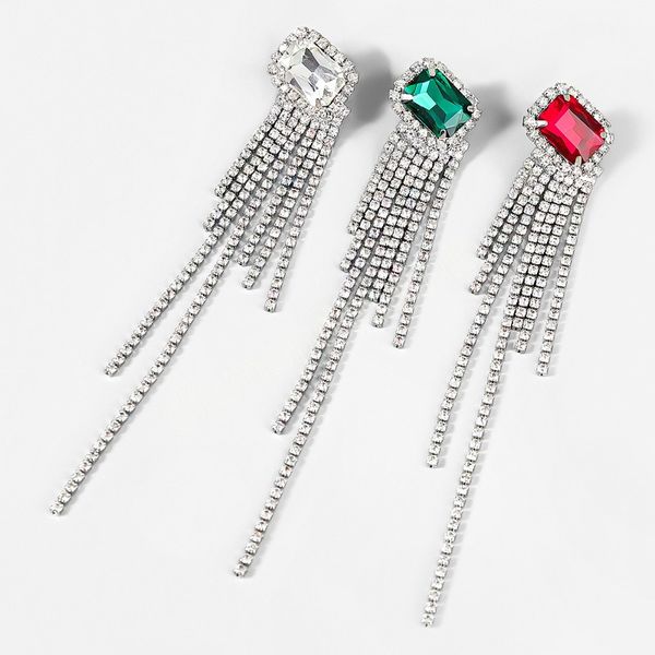 

fashion metal glass rhinestone tassel earrings women's popular exaggerated dangle earrings party accessories, Silver