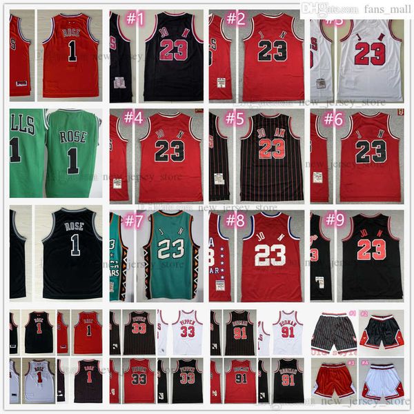 

mitchell and ness 2008-09 basketball 1 derrick rose jersey red 33 scottie pippen 91 dennis rodman jerseys retro green black stripe white sho, Black;red