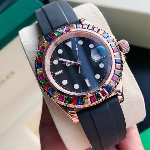 

designer mens diamond watch 40mm rubber strap rose gold automatic movement mechanical stainless steel mens watches master male wristwatch, Slivery;brown