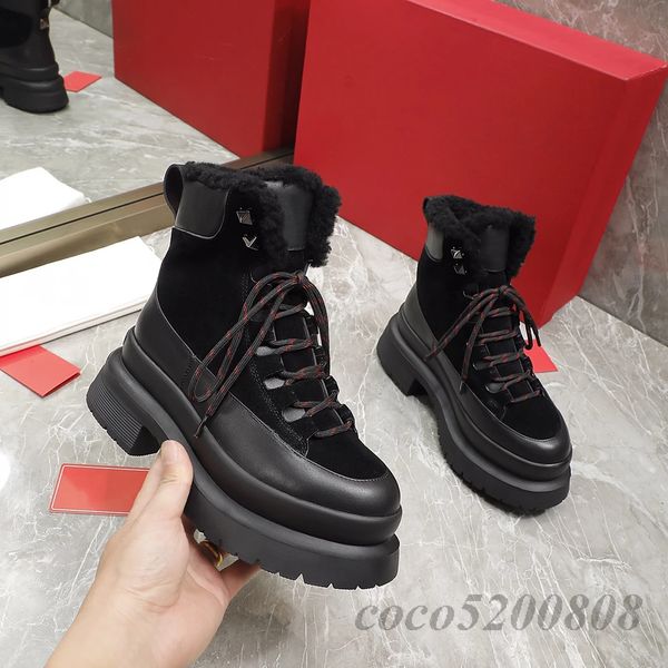 

women ankle boots fashion genuine leather warm fur women snow boots runway outfit lave up platform wedges combat booties woman, Black;white