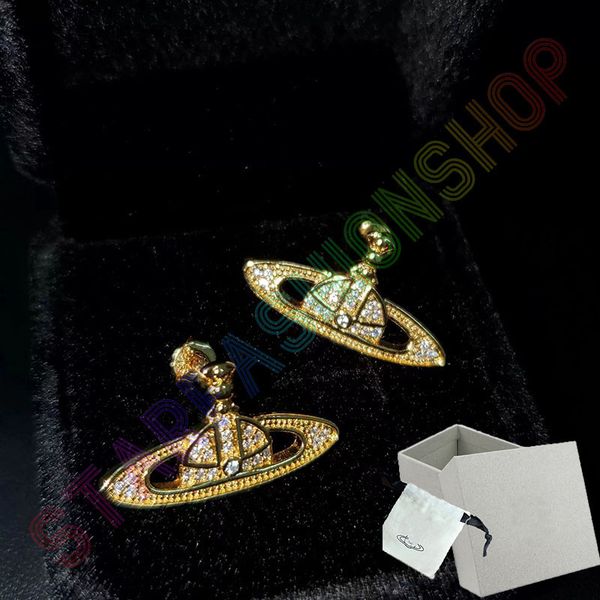 

saturn charm luxury classic stud pendant brand designer geometric celebrity round rhinestone earrings wedding party jewelry with box, Golden