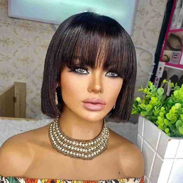 

nxy hair wigs bob with bangs fringe short bone straight human for women no lace full machine wig 230619, Black