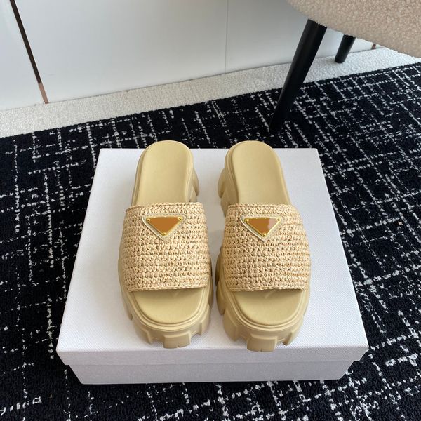 

famous brand sandals the highest quality sandals triangular rattan grass woven thick soled women's slippers casual one line beach sanda, Black