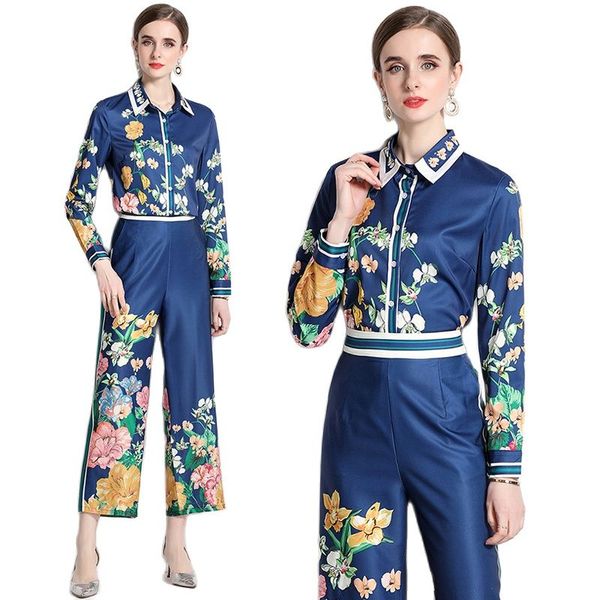 

women's blue sets floral and pants 2023 luxury designer print two piece set long sleeve casual shirt and slim elegant wide leg pant spr, White