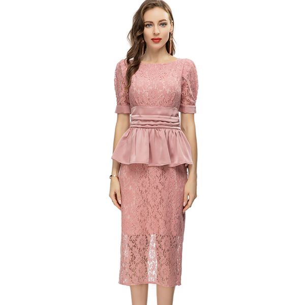 

women's dress o neck short sleeves embroidery lace pelpum patchwork elegant fashion designer pencil vestidos, Black