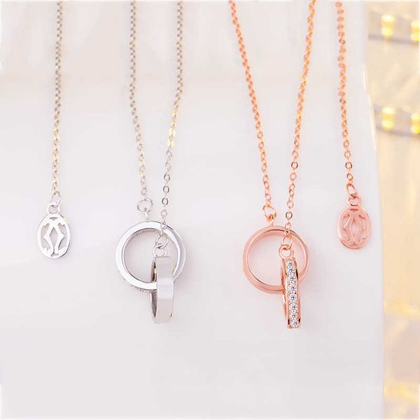

c69c internet celebrity love double ring necklace card diamonds 925 silver plated 18k rose gold lock bone chain short pendant dy89, Black