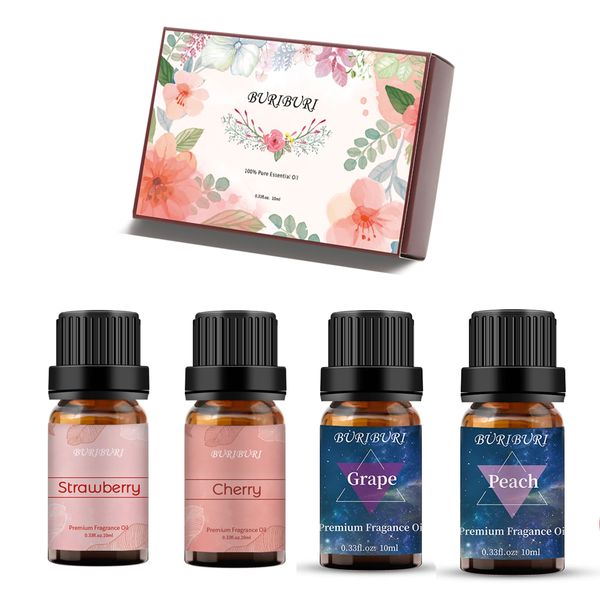 

buriburi essential oil set - set of 4 - grape, peach, strawberry, cherry(essential oils 4 x 10ml, 100% pure diffuser oil for massage, soap m