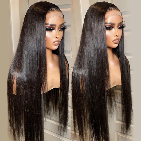 

30 40 inch bone straight lace frontal pre plucked straight lace front human hair wig for women 180%, Black;brown