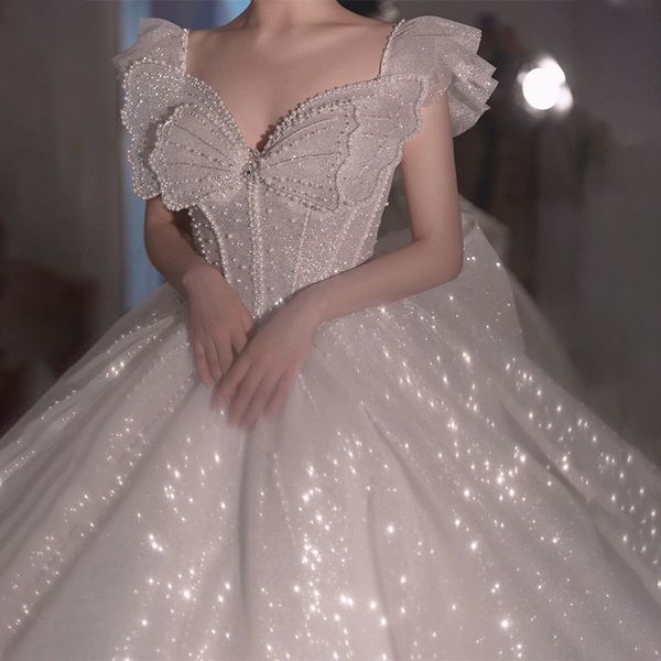 

luxury bling women' wedding dress 2023 square neck short sleeves pearls sequined puffy princess bridal formal gowns vestidos de novia, White