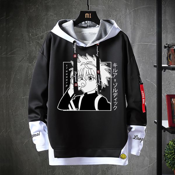 

japanese fake two piece patchwork hoodies anime hunter x hunter hooded killua zoldyck print men sweatshirts streetwear pullover, Black