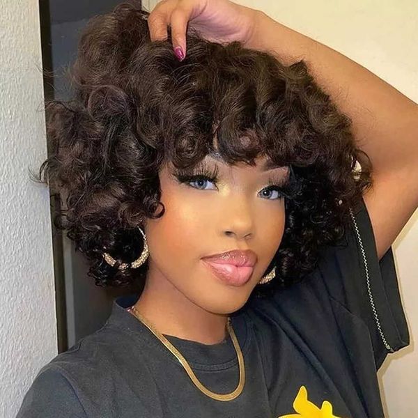 

nxy hair wigs short human with bangs brazilian rose funmi curly bob machine made wig for women bob perruque cheveux humain 230619, Black