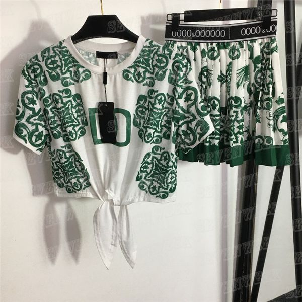 

cropped t shirts dress women fashion clothing suits vintages print pleated skirts cropped tees two piece sets, White