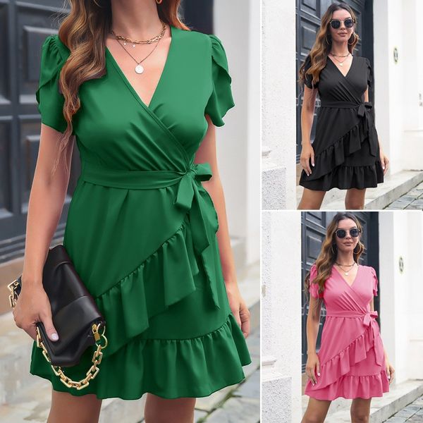 

ruffled dress petal sleeve v-neck dress fashion summer dress new solid mini dress 2023 women clothing a-line vintage dress, Black;gray