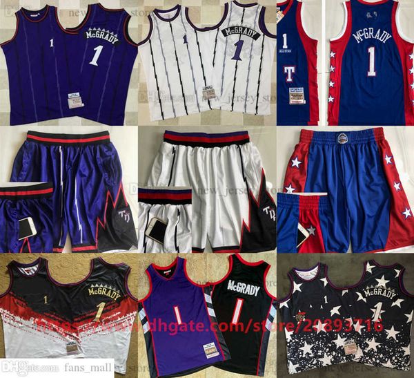 

mitchell and ness authentic stitched basketball 1 tracy mcgrady jerseys retro purple white 1998-99 real breathable sport jersey shorts, Black;red