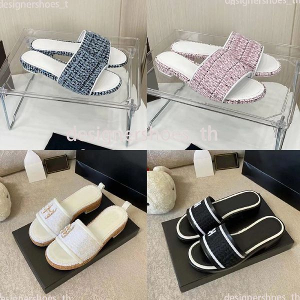 

designer slippers classic women sandals cotton slides crystal calf leather sandal linen platform summer beach slipper, Black