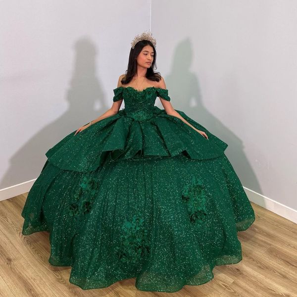 

emerald green shiny handmade 3dflowers beading quinceanera dresses ball gown off the shoulder corset for sweet 15 girls party, Blue;red