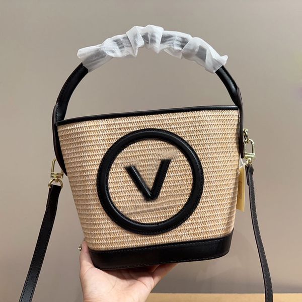 

summer straw patchwork women drawstring designer woven bag removable leather strap two-tone zipper pocket crossbody shoulder handbag luxury