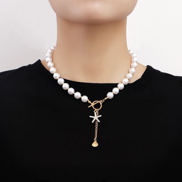 

designer jewlery beach shell mix-and-match beaded necklace inlaid with diamond starfish pendant necklace woman, personality necklace fashion, Silver