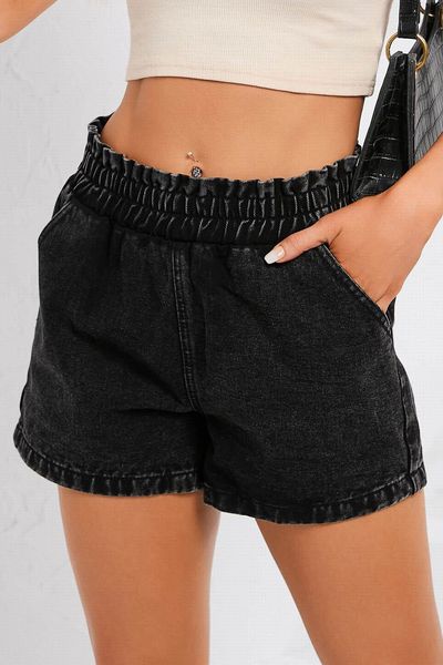 

ladies ruffled elastic high waist denim shorts, White