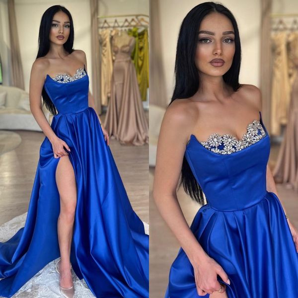 

elegant royal blue prom dresses beads strapless party evening gowns backless split formal long special occasion dress, Black