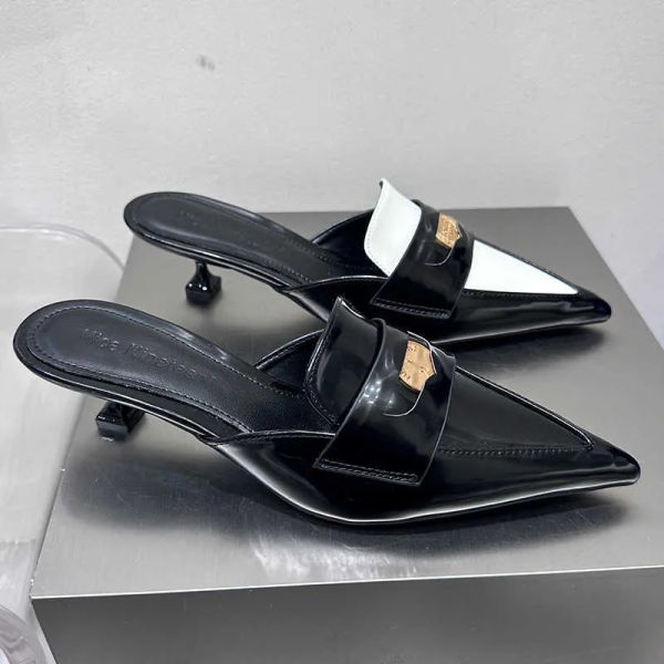 

summer sandals ladies medium high heels shoes slides fashion metal female shallow footwear pointed toe pumps mules women, Black