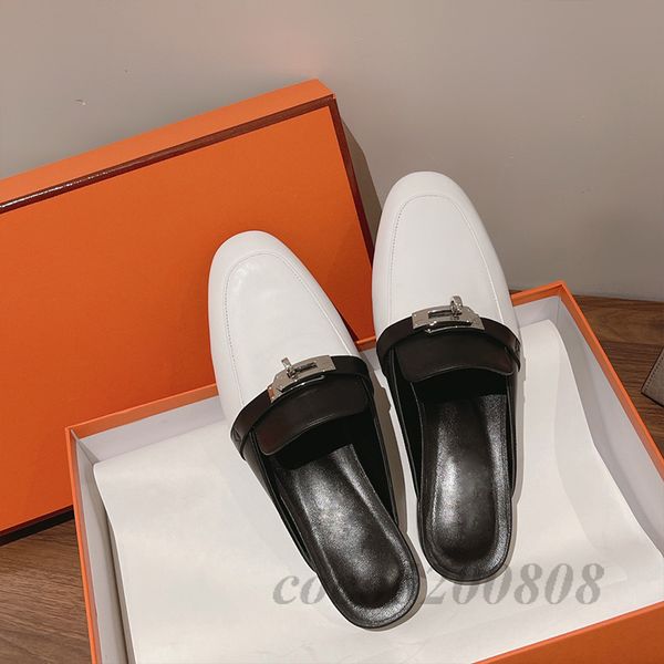 

spring autumn women slippers fashion genuine leather slip on women slids round toe mixed color mental decor women loafers 2023, Black;white