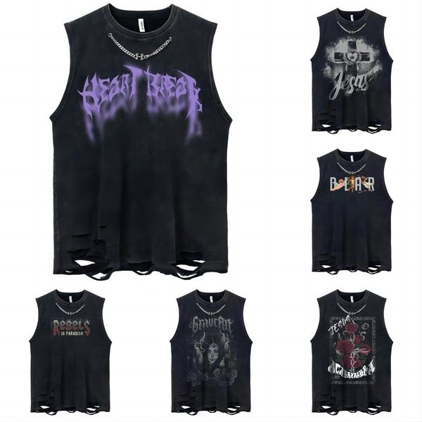 

23 vest new summer men's tshirt tees crew neck gym tank oversized vintage graphic washed sleeveless graphic t shirt short sleeve shirt, White;black