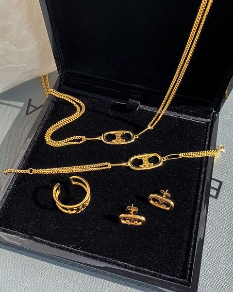 

luxury designer bracelet earrings necklace luxury earrings bracelet ring 18k gold plated europe america fashion jewelry sets lady women, Black