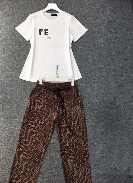 

casual two piece set tracksuit women 100% cotton feel smooth soft thin round neck t shirt classic pattern print overall effect slim pants wo, White