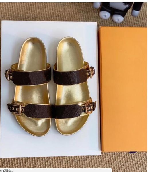 

2023 designer leather womens sandals bom dia flat mule 1a3r5m cool effortlessly stylish slides 2 straps with adjusted gold buckles women, Black