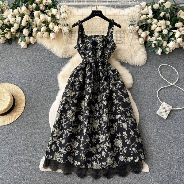 

french niche haute couture floral suspender dress new summer style with a slim waist and a slim open back fairy dress, Black;gray
