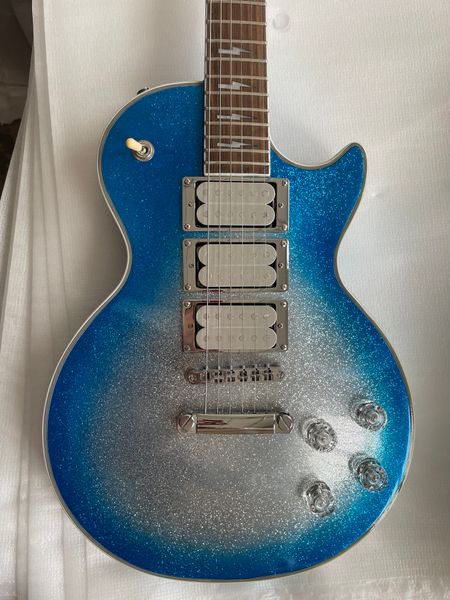 

custom lp electric guitar, rosewood fretboard, ace frehley 3 pickup,glitter blue finish