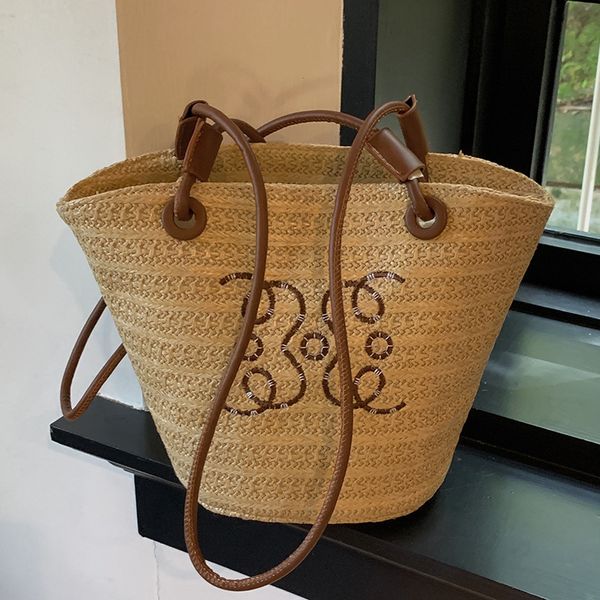 

grass woven women's bag large capacity summer versatile one shoulder vegetable basket texture woven popular bucket bag