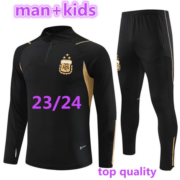 

3 stars 22 23 24 argentina tracksuit kids kits 2023 2024 football survetement di maria kun aguero dybala training suit man child soccer sets, Black
