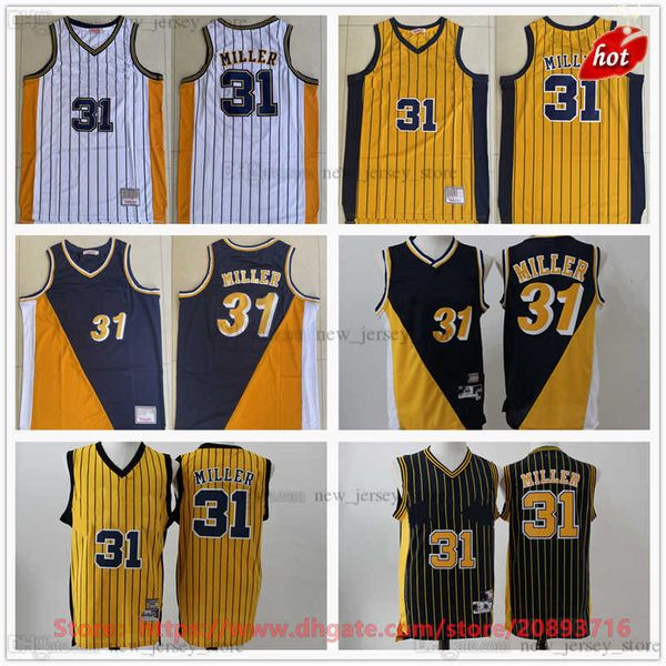 

mitchell and ness basketball reggie 31 miller jerseys retro man stitched yellow blue white miller jersey, Black;red